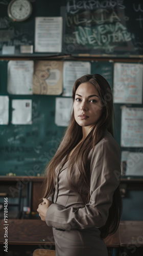 Confident female teacher with flowing hair stands in a classroom, projecting professionalism and poise © Frank Gärtner