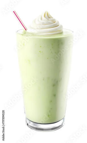 Kiwi milkshake with vanilla whipped cream illustration isolated on transparent background. Cold and refreshing dessert. Modern summer concept. Element for design, sticker, banner, cafe menu.