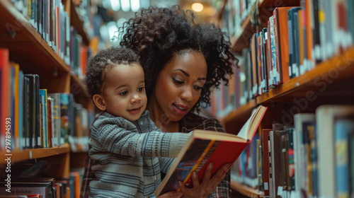 A young mother and her son explore a book together in the colorful aisle of a library. photo