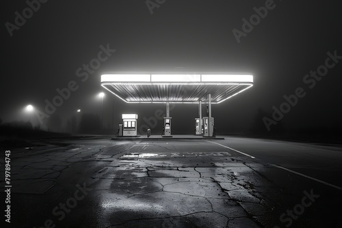Black and white architectural photography of a vintage gas station on a deserted highway at night, bathed in the warm glow of neon signage, evoking a sense of nostalgia for a bygone era. photo