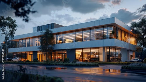 3d exterior office building, one story, glass windows, blue grey color, dusk, street lights on, cars parked outside