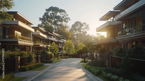 A row of modern townhouses with large windows and balconies, surrounded by trees and greenery. The sun is shining brightly.