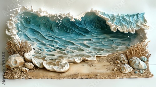 A 3D diorama of a beach with a crashing wave, made of polymer clay. photo
