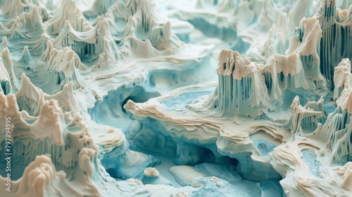A 3D rendering of a blue and white icy landscape with a river running through it. photo