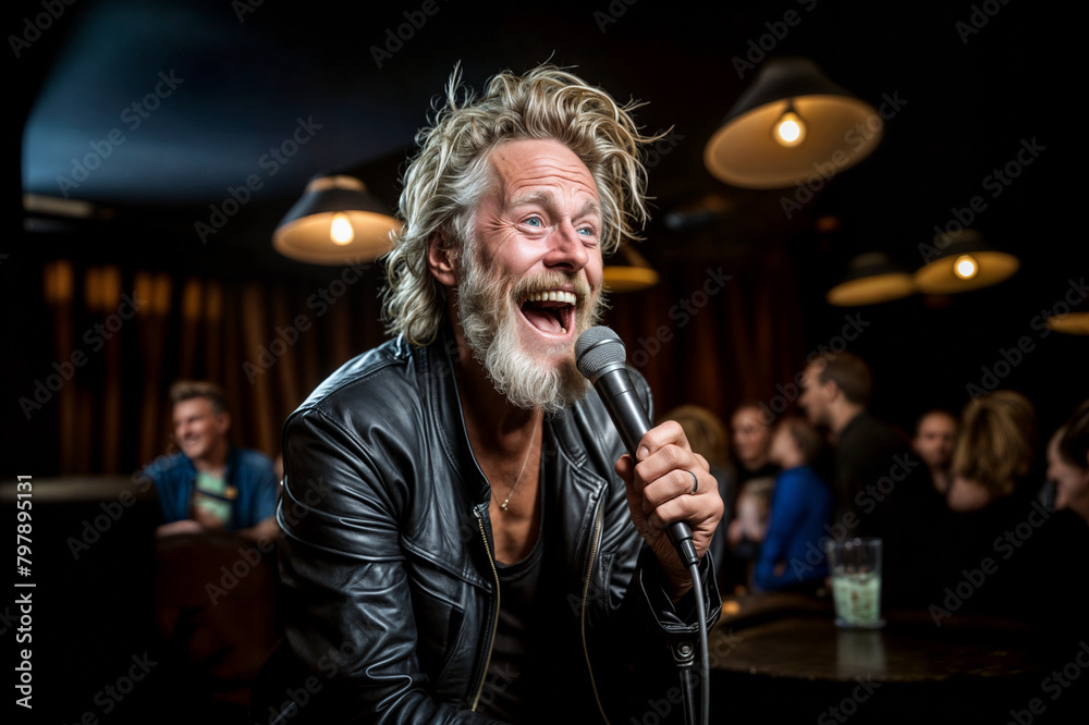 Joyful Mature Stand-Up Comedian Performing in Comedy Club at Night Joyful Mature Stand-Up Comedian Performing in Comedy Club at Night