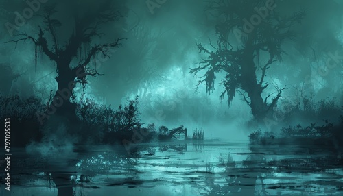 Gloomy foggy swamp with dead trees photo