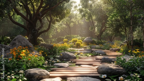 A beautiful landscape with a wooden walkway through a lush garden.