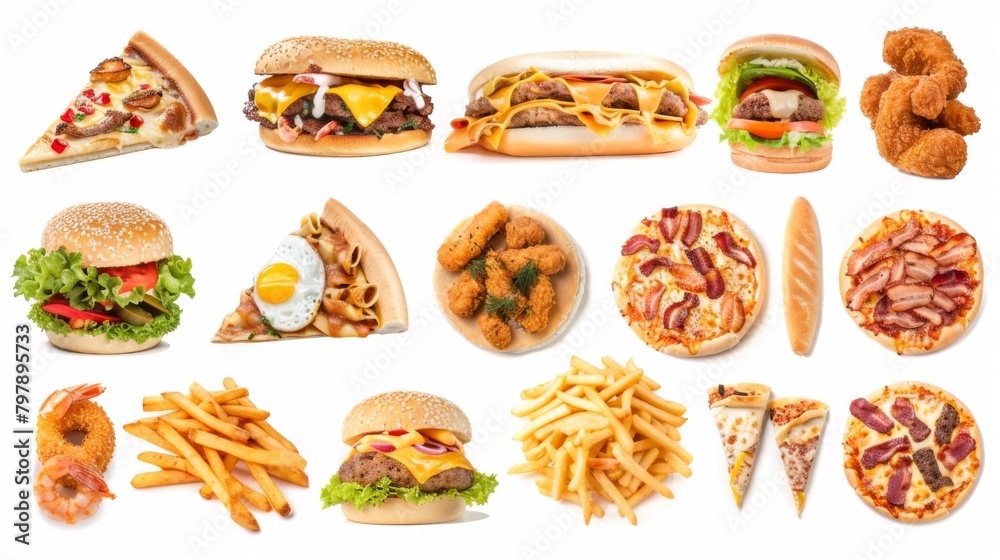 All Fast Food collection set, isolated on white background. Fried chicken, fries, pizza, sandwich, chicken nuggets, eggs and bacon, shawarma, prawns. Junk food of Fast Food set. Closeup of fast foods. All Fast Food collection set, isolated on white background. Fried chicken, fries, pizza, sandwich, chicken nuggets, eggs and bacon, shawarma, prawns. Junk food of Fast Food set. Closeup of fast foods.