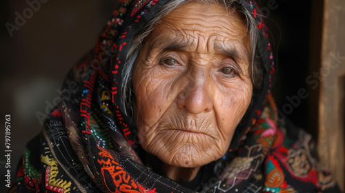 portrait of a wise elderly woman with traditional headscarf reflecting life's journey