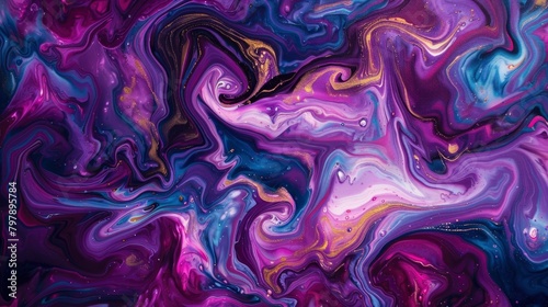 A closeup of an abstract painting with swirling patterns in vibrant colors  resembling the energy and movement found within marble swirls. The composition includes purple hues against