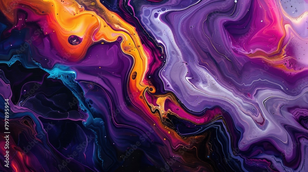 A closeup of an abstract painting with swirling patterns in vibrant colors, resembling the energy and movement found within marble swirls. The composition includes purple hues against A closeup of an abstract painting with swirling patterns in vibrant colors, resembling the energy and movement found within marble swirls. The composition includes purple hues against