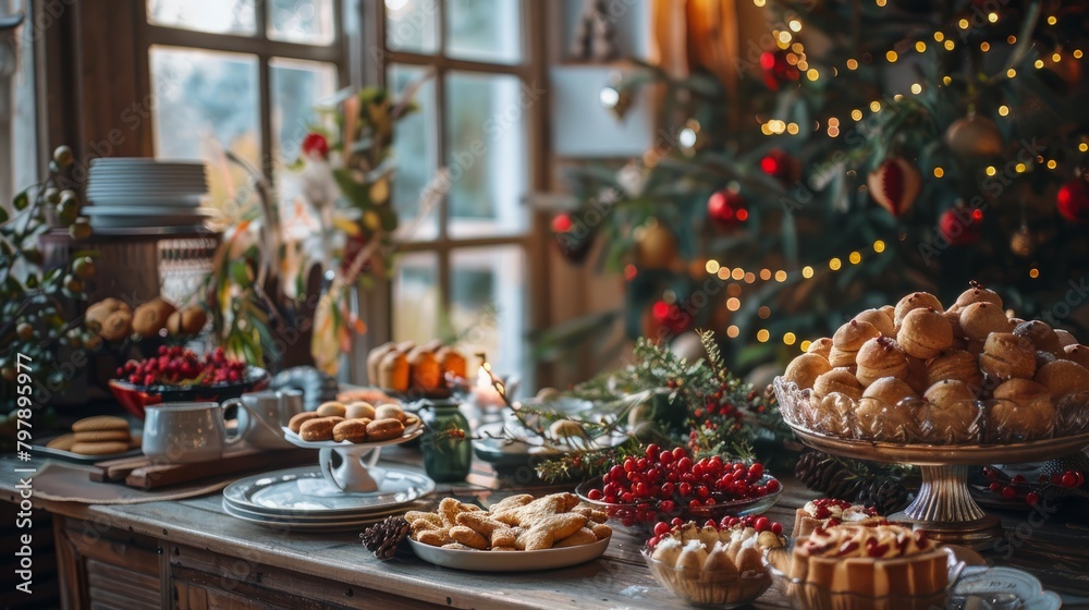 A beautifully decorated table set with a variety of holiday treats, in front of a window and a decorated Christmas tree.