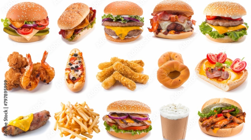 All Fast Food collection set, isolated on white background. Fried chicken, fries, pizza, sandwich, chicken nuggets, eggs and bacon, shawarma, prawns. Junk food of Fast Food set. Closeup of fast foods.