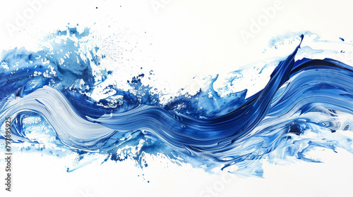 Dynamic blue paint waves with splashes on white background
