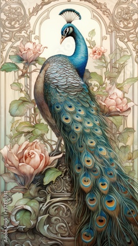 An art nouveau drawing of a peacock animal bird creativity.