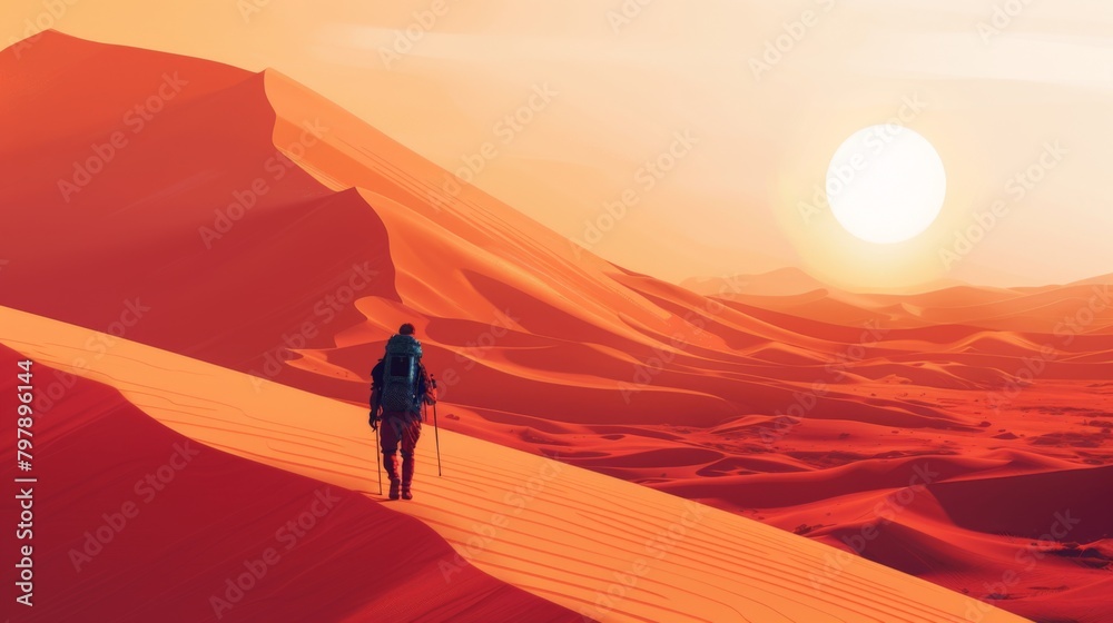 An intrepid traveler trekking across a vast desert landscape, with sand dunes stretching to the horizon under a blazing sun.