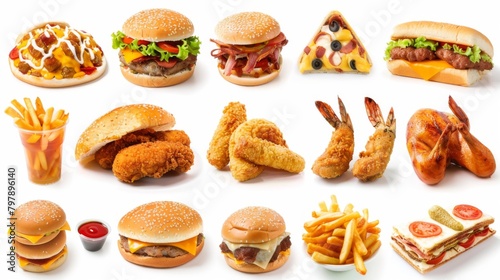 All Fast Food collection set, isolated on white background. Fried chicken, fries, pizza, sandwich, chicken nuggets, eggs and bacon, shawarma, prawns. Junk food of Fast Food set. Closeup of fast foods.