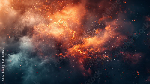 A space scene with orange and blue clouds and a lot of fire