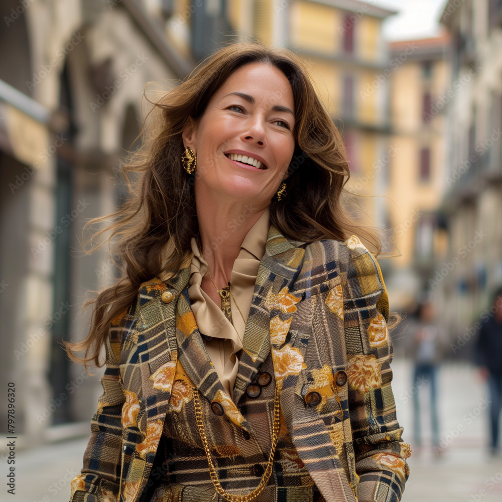 Fototapeta premium Joyful woman in stylish outfit walking in the city.