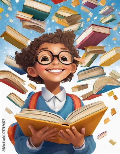 Smiling girl with glasses holding an open book with a background of cascading books
