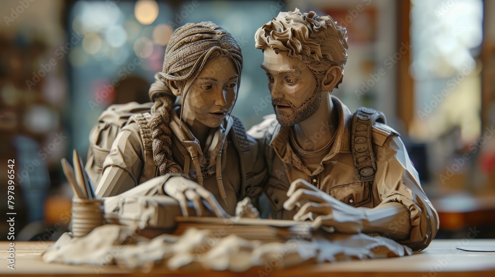 A clay sculpture of two people looking at a map A clay sculpture of two people looking at a map
