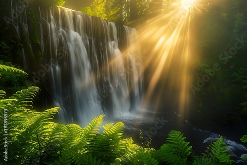 Capture a cascading waterfall at sunrise, its mist forming a vibrant rainbow in the sunlight, amidst lush green foliage. Employ a wide-angle perspective to showcase the grandeur of the scene. © Kashif