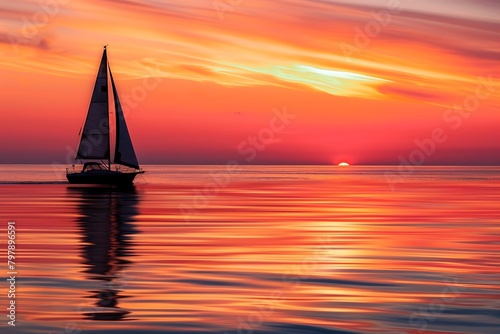 Capture a minimalist seascape photograph of a lone sailboat silhouetted against a fiery orange sunset. Utilize a telephoto lens to compress the scene and emphasize the vastness of the calm oce