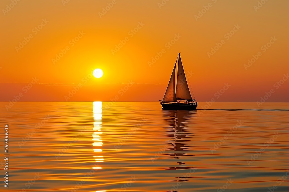 Capture a minimalist seascape photograph of a lone sailboat silhouetted against a fiery orange sunset. Utilize a telephoto lens to compress the scene and emphasize the vastness of the calm oc