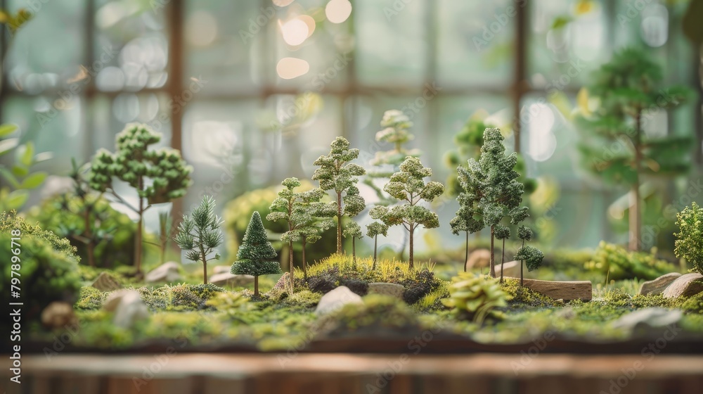 A close up of a diorama with trees and moss
