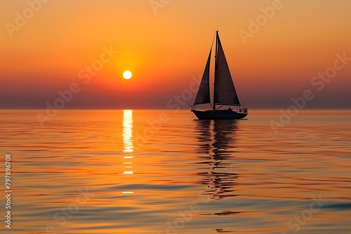 Capture a minimalist seascape photograph of a lone sailboat silhouetted against a fiery orange sunset. Utilize a telephoto lens to compress the scene and emphasize the vastness of the ca