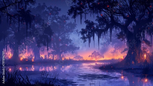 Mystical swamp at night with a full moon and bio luminescent plants.
