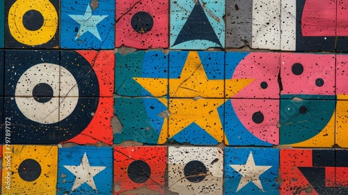 A colorful mosaic of stars, circles, and triangles painted on a cracked wall.