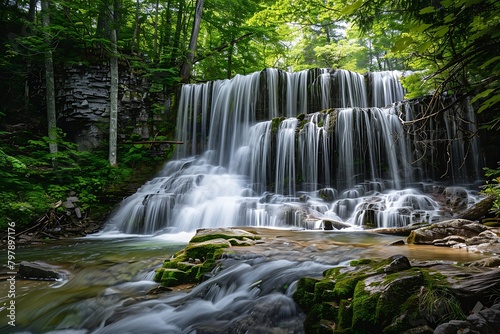 Capture a panoramic landscape photograph of a cascading waterfall surrounded by lush greenery within a national park. Utilize a vibrant color palette to showcase the breathtaking b
