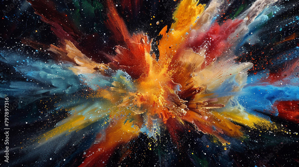 An explosion of acrylic paint in zero gravity, colors colliding and merging in slow motion, a cosmic ballet of hues. An explosion of acrylic paint in zero gravity, colors colliding and merging in slow motion, a cosmic ballet of hues.