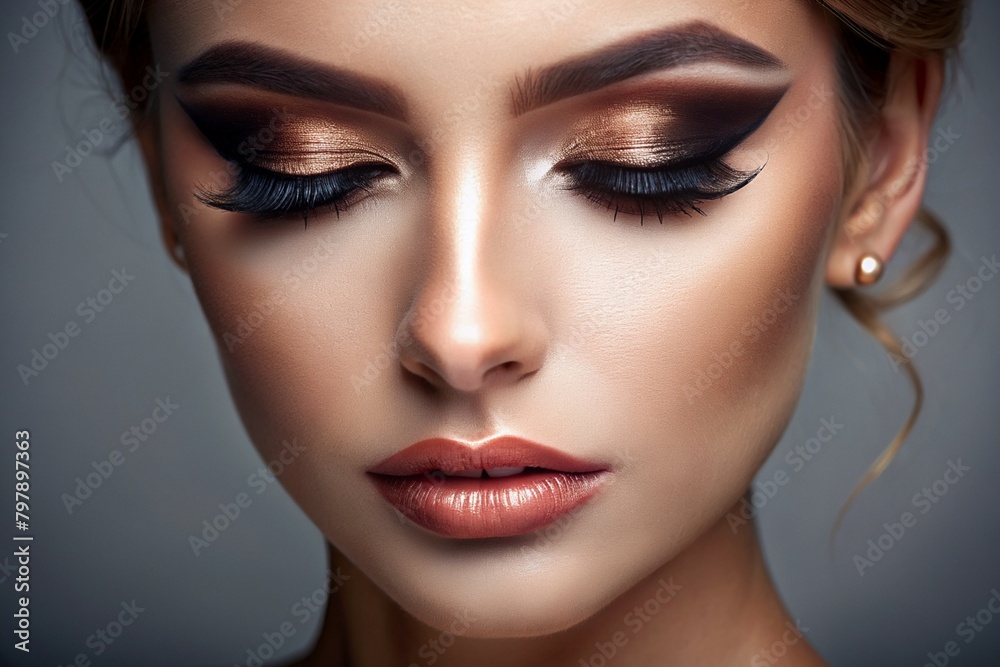 Woman's face, cosmetics, art, on a gray background Woman's face, cosmetics, art, on a gray background