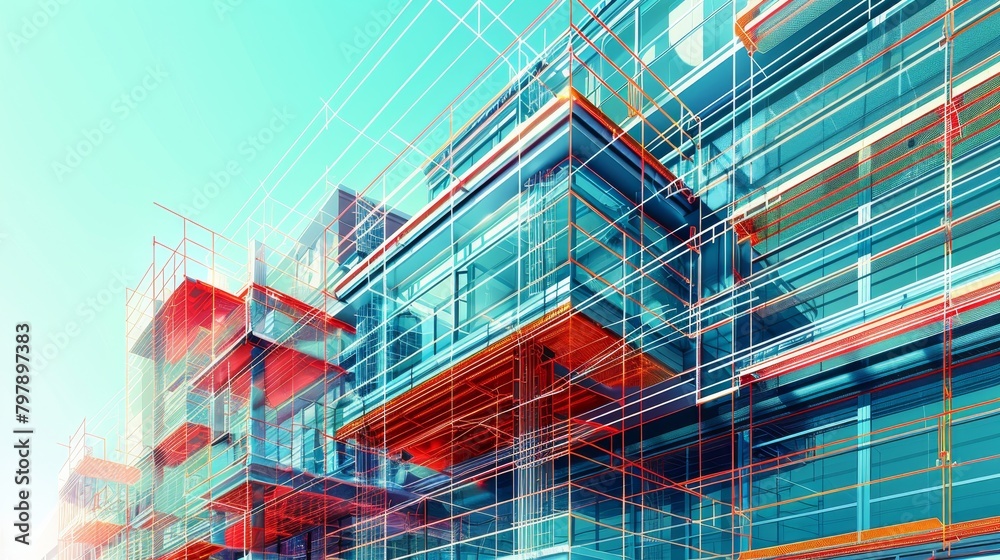 Obraz premium Grid Structure: A vector illustration of a building under construction