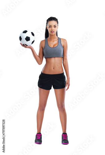 Soccer player, portrait and woman with ball by white background for match, game or kick off in studio. Sports, football and confident female person for training, workout or fitness on mockup space