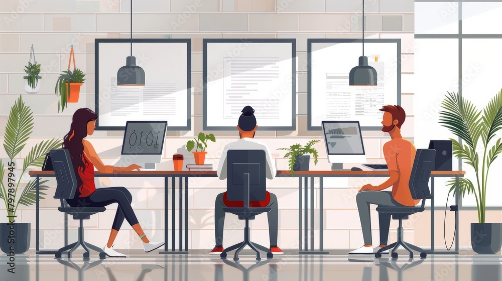 A drawing of a diverse group of people working in an office.
