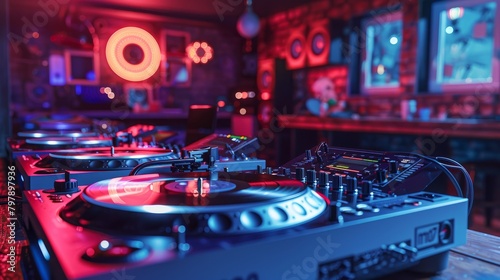 A dj turntable setup in a club with red and blue lighting.