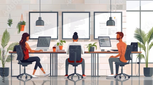 A drawing of a diverse group of people working in an office.