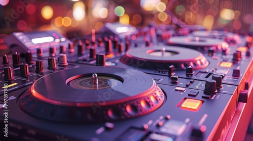 A dj mixer with a turntable and a crossfader in a nightclub with a blurred background photo