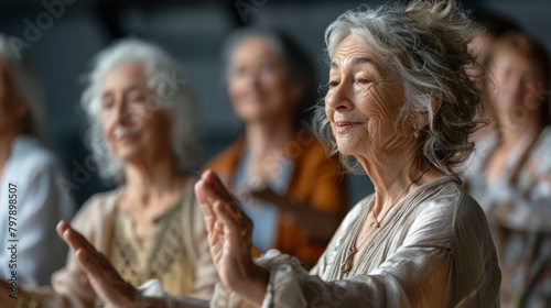 A group of elderly women are doing yoga in a studio.