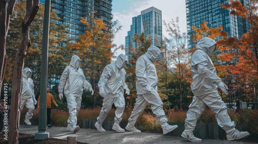 A group of people wearing hazmat suits walk through a city