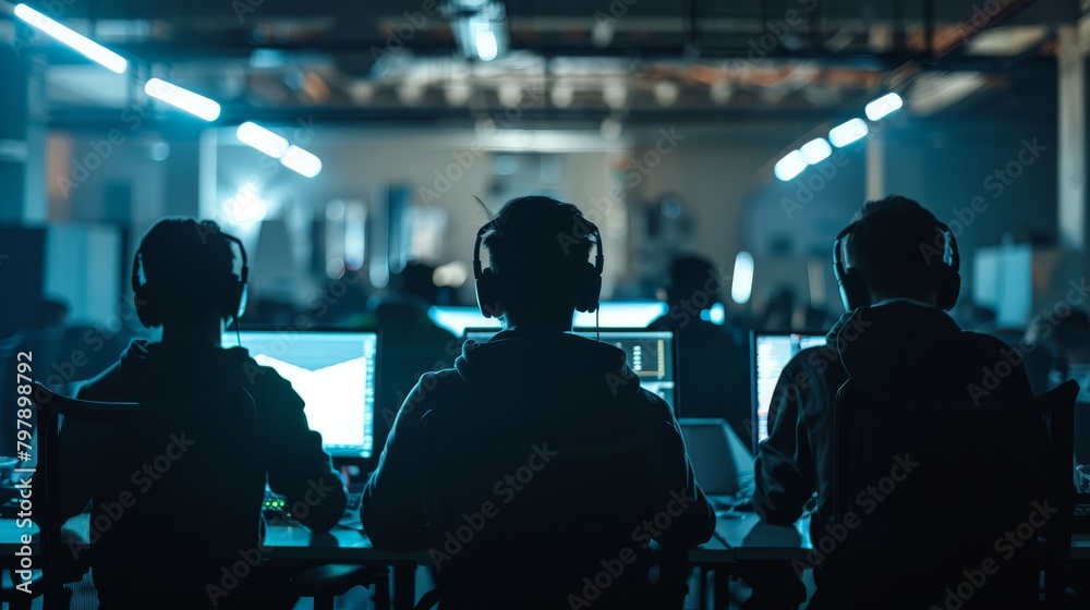 A group of people wearing headphones are sitting in a dark room looking at computer screens. A group of people wearing headphones are sitting in a dark room looking at computer screens.
