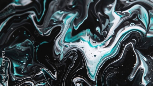 A closeup of swirling black and white acrylic paint on canvas, creating an abstract pattern with fluid lines that evoke the feeling of floating in space