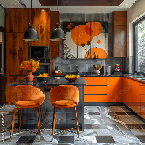 Modern kitchen with bright orange cabinets and wood toned cabinets in a European style with flat panel cabinet doors and a grey island with stools for breakfast bar eating and a grey backsplash photo