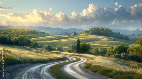 A long and winding road through the countryside photo