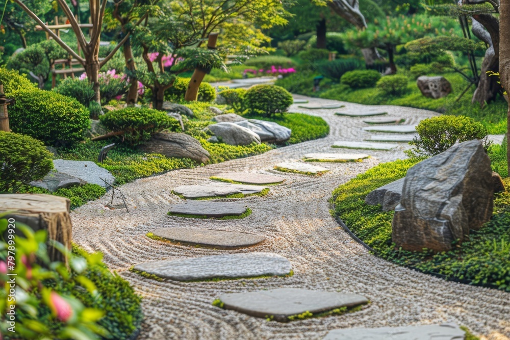 Stone walkway in the park Serene landscape with trees, grass and flowers. Stone walkway in the park Serene landscape with trees, grass and flowers.