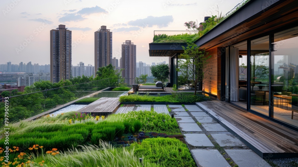 A modern rooftop garden with a view of the city A modern rooftop garden with a view of the city