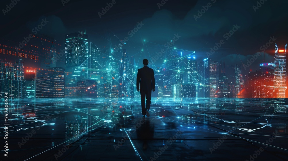 Business technology concept, Professional business man walking on future network city background and futuristic interface graphic at night